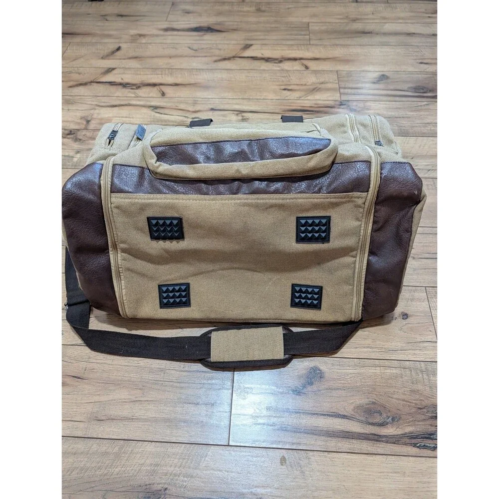 WOHLBEGE Canvas Leather Duffle Bag Travel Weekender Carry On Gym Bag Khaki